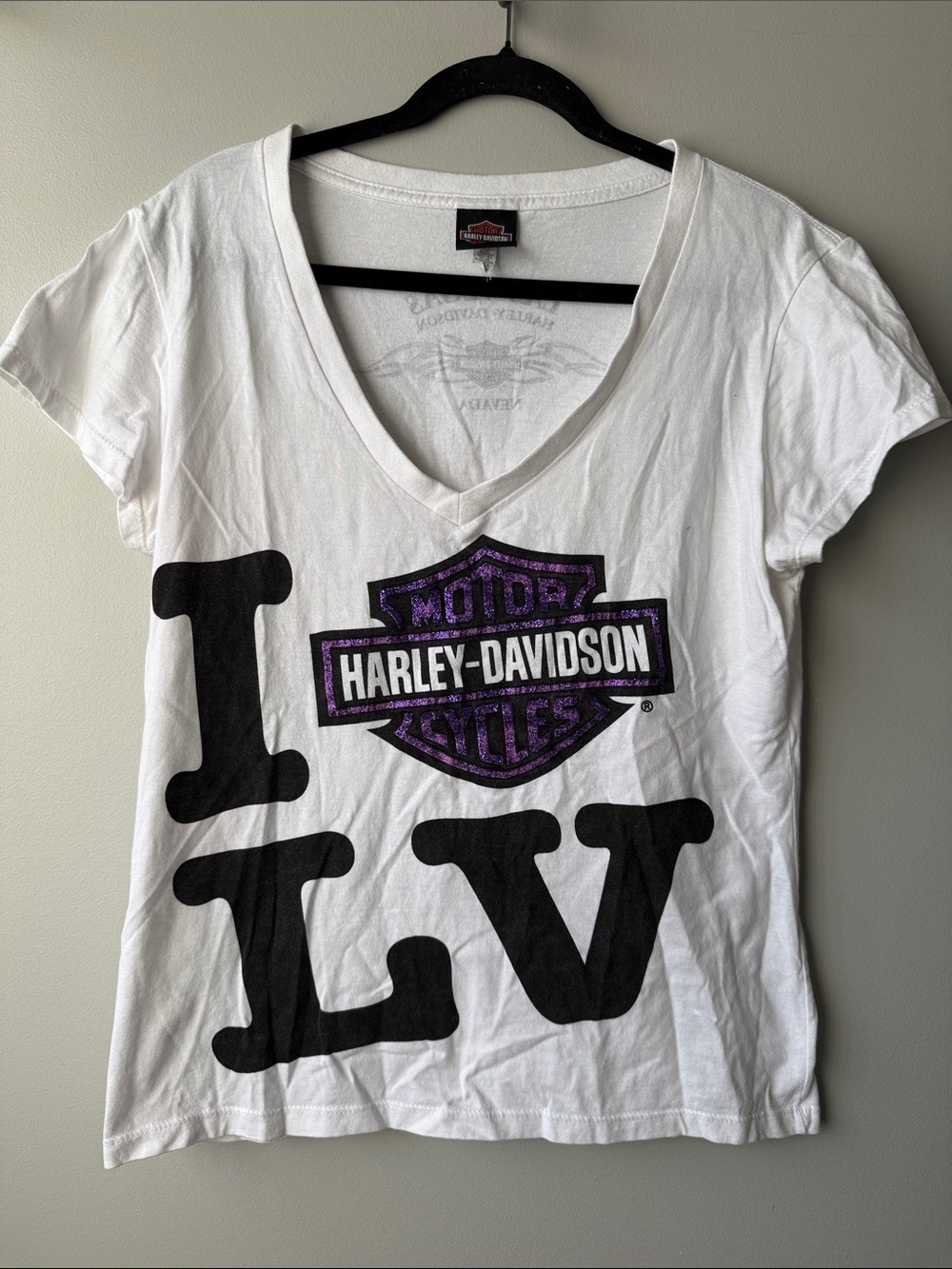 Harley-Davidson White V-Neck Tee with Black I LV Purple glitter Shield Las Vegas